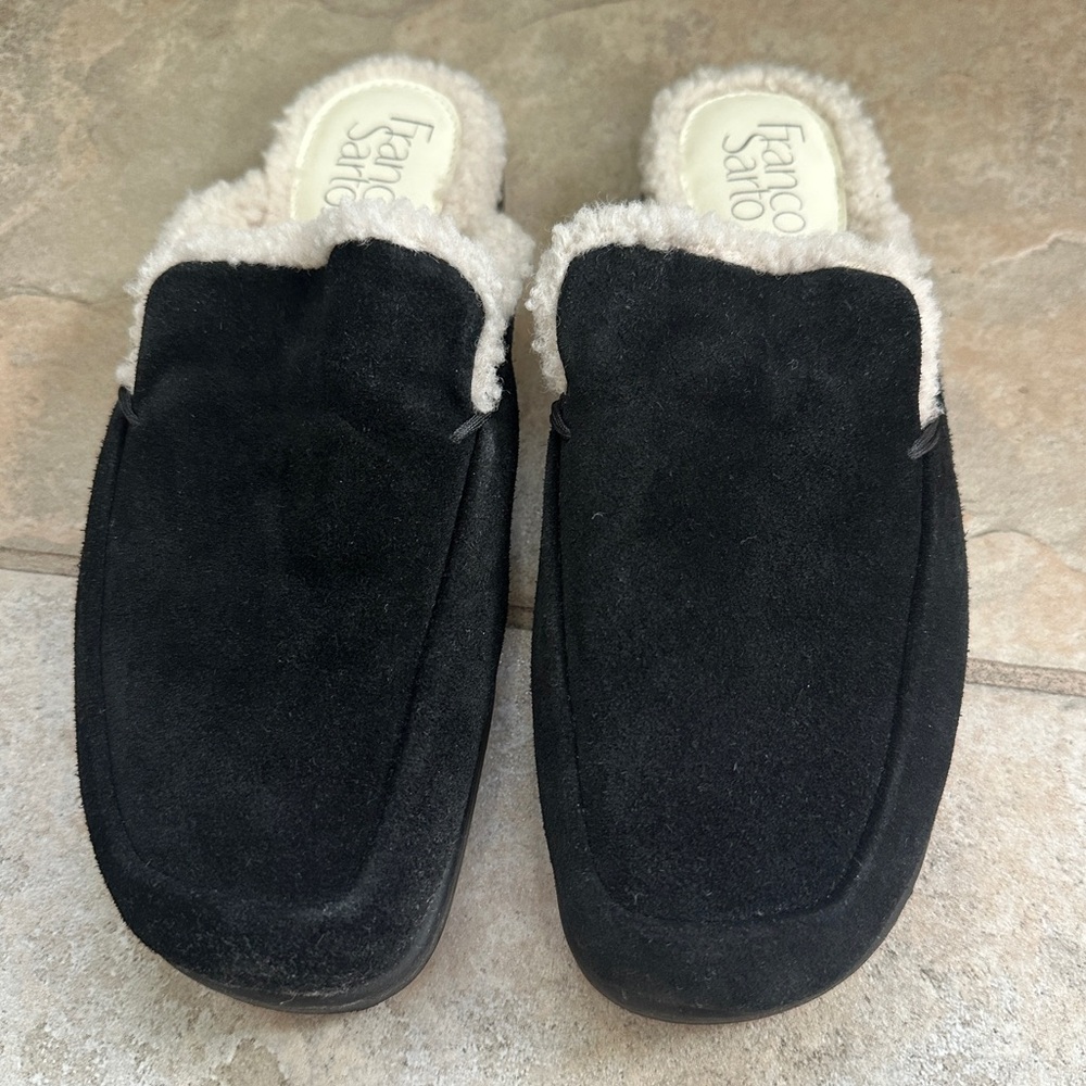Franco Sarto Barris 2 Black Suede Leather Slip On Mule Loafer Shearling Size 6.5